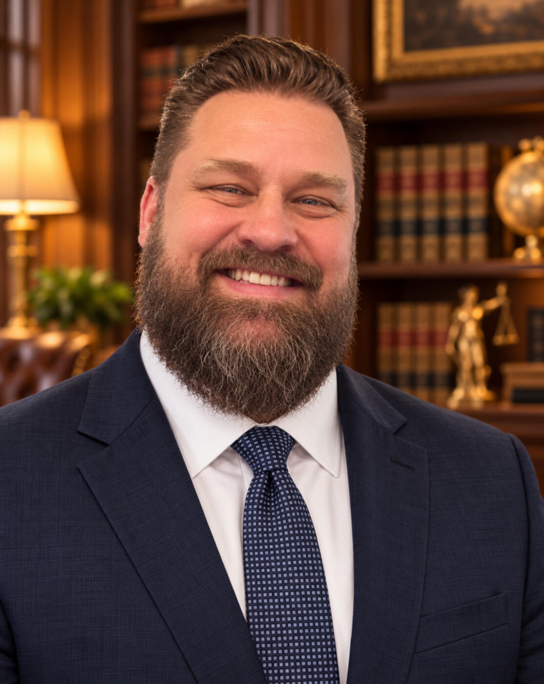 Jason E. Mackrill, immigration attorney, in a suit in front of a bookshelf